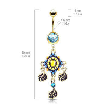 Belly Bar with a Blue CZ Gem and a Tribal Bead Paved with Filigree and Crystal Dangle - Image 6