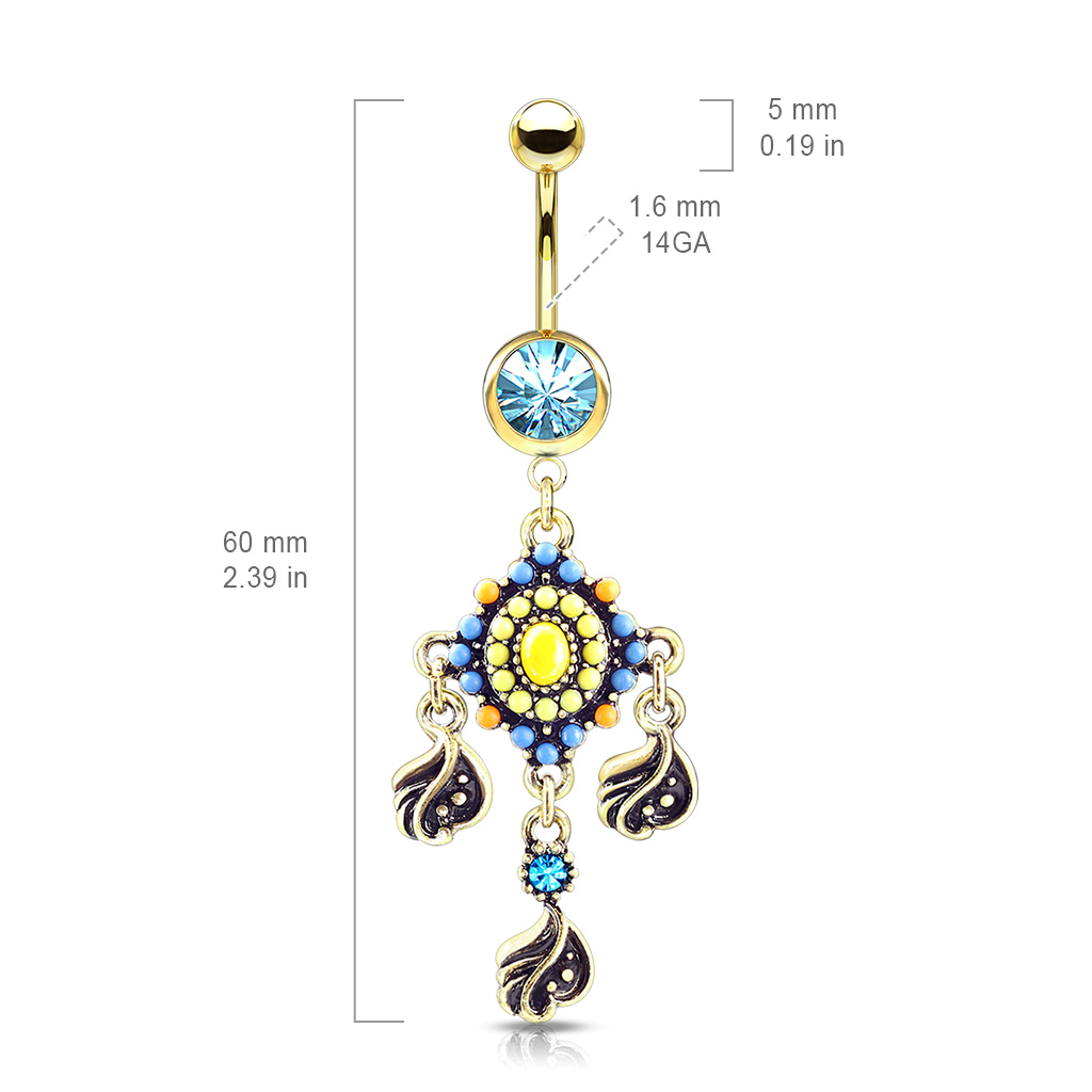 Belly Bar with a Blue CZ Gem and a Tribal Bead Paved with Filigree and Crystal Dangle - Image 6