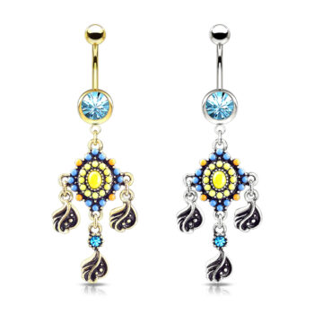 Belly Bar with a Blue CZ Gem and a Tribal Bead Paved with Filigree and Crystal Dangle