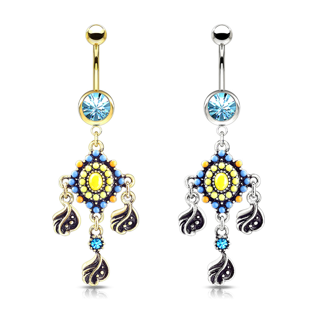 Belly Bar with a Blue CZ Gem and a Tribal Bead Paved with Filigree and Crystal Dangle