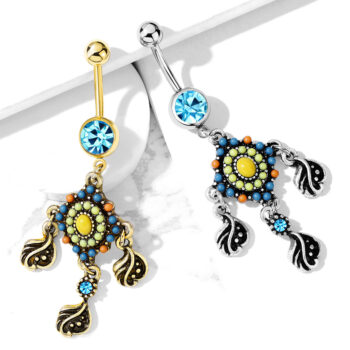 Belly Bar with a Blue CZ Gem and a Tribal Bead Paved with Filigree and Crystal Dangle - Image 4