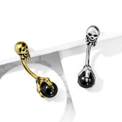 Belly Bar with a Claw Holding a Black Ball and a Skull Top