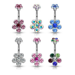 Silver belly bar with six CZ gem flower dangle