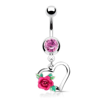 Belly Bar with Heart and Rose Dangle