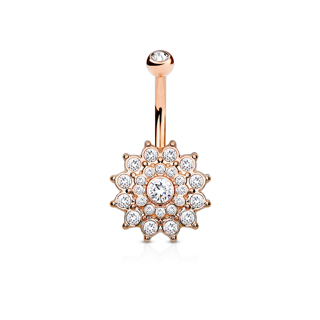 Rose Gold Belly Bar with CZ Dahlia Flower