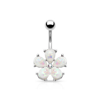 Belly Bar with Crystal Centre Flower and White Opal Glitter Petals - Image 3