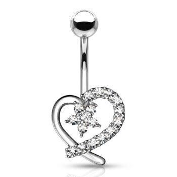 Belly Bar with CZ Paved Hollow Heart and Flower Centre - Image 6