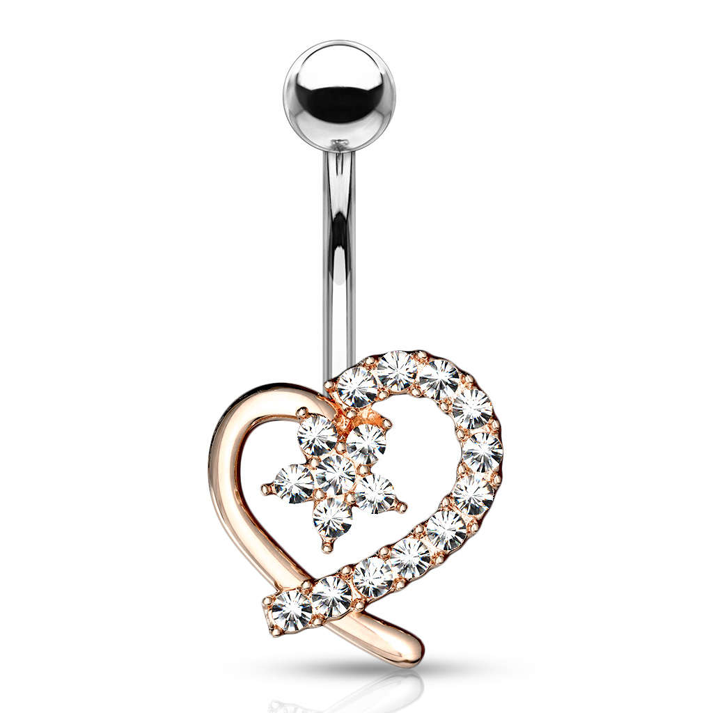 Belly Bar with CZ Paved Hollow Heart and Flower Centre - Image 4