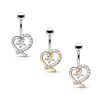 Belly Bar with CZ Paved Hollow Heart and Flower Centre