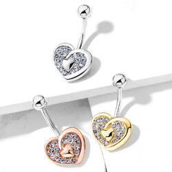 Belly Bar with Clear CZ Paved Heart