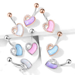 Belly Bar with Clear CZ Gems and Imitation Pearl Heart