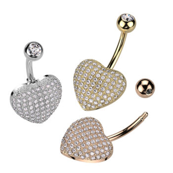 Belly Bar with 3D Heart and Pave Clear CZ Gems