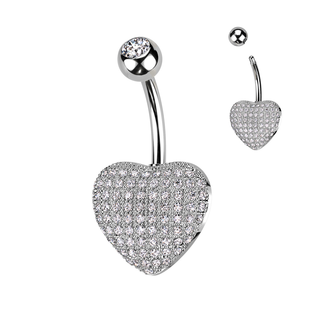 Belly Bar with 3D Heart and Pave Clear CZ Gems - Image 5