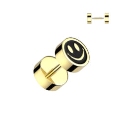 Gold Fake Plug Earring with a Smiley Face