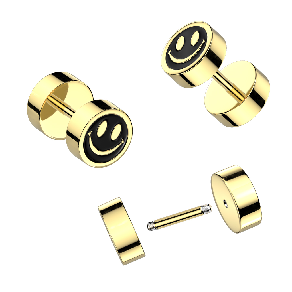 Gold Fake Plug Earring with a Smiley Face - Image 2