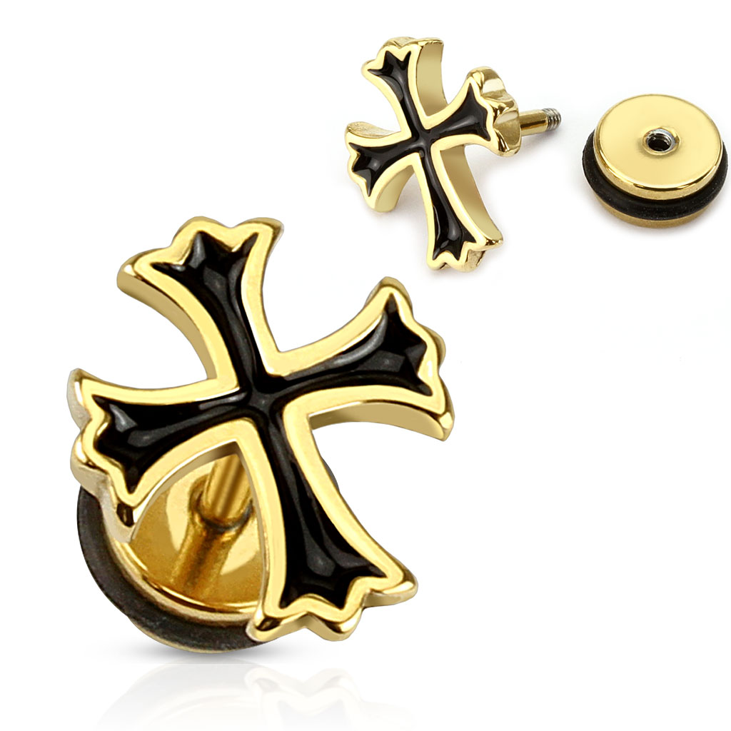 Gold Fake Plug Earring with a Black Cross - Image 2