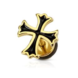 Gold Fake Plug Earring with a Black Cross
