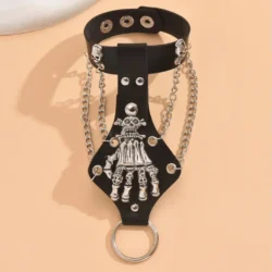 Black Leather Bracelet with Skulls and Chains