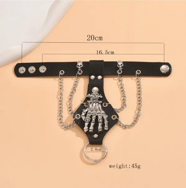 Black Leather Bracelet with Skulls and Chains - Image 3