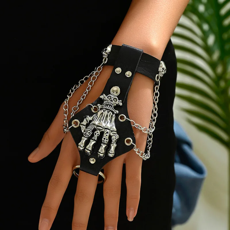 Black Leather Bracelet with Skulls and Chains - Image 2