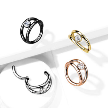Hinged Clicker Ring with Double Hoop and Centre Clear CZ Gem - Image 6