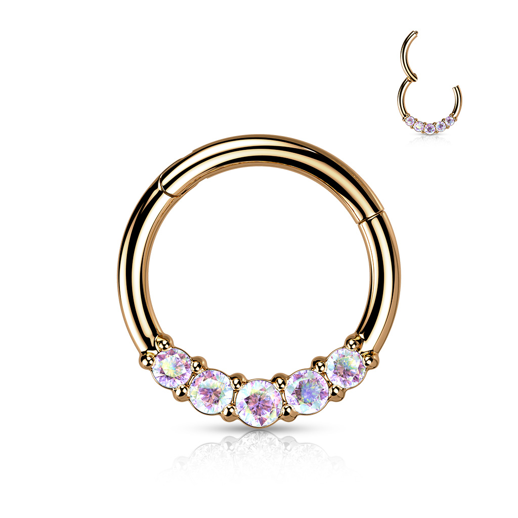 Rose Gold Hinged Ring with 5 Forward Facing Aurora Borealis CZ Gems