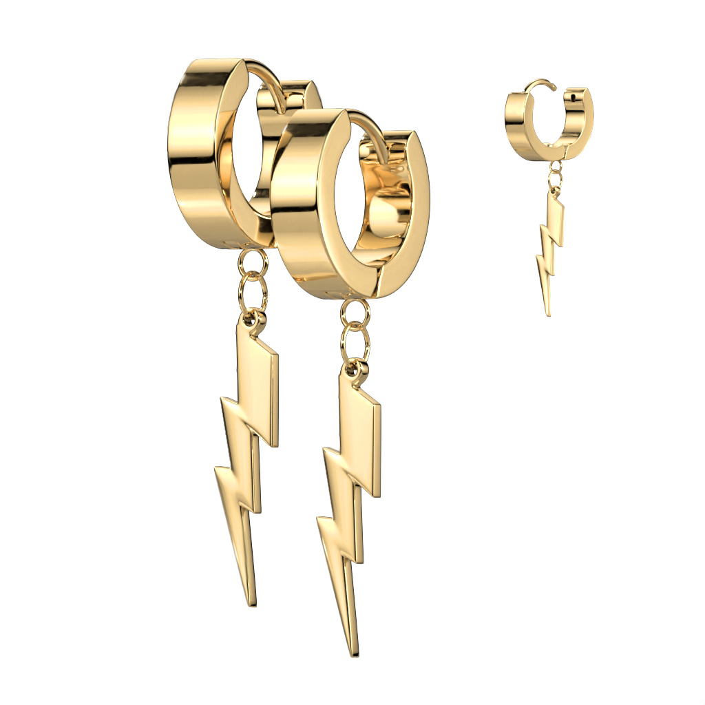 Gold Hoop Earrings with Lightning Bolt Dangle