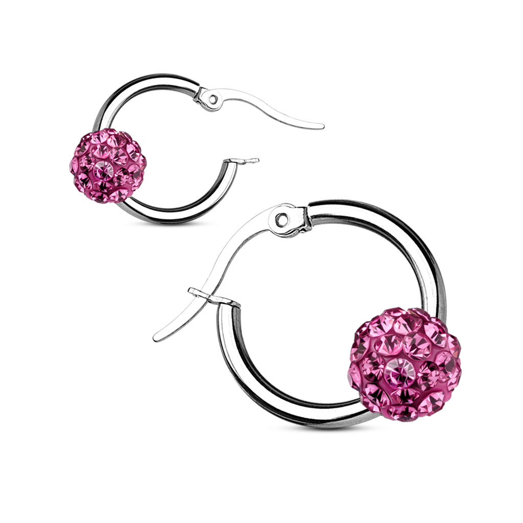 Hoop Earrings with a Pink Crystal Ball
