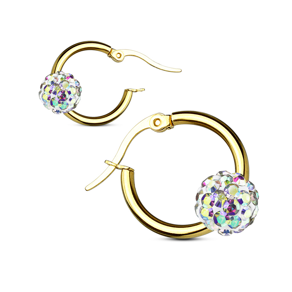 Gold Hoop Earrings with an Aurora Borealis Crystal Ball