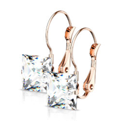 Rose Gold Lever-Back Earrings with a Square Clear CZ Gem
