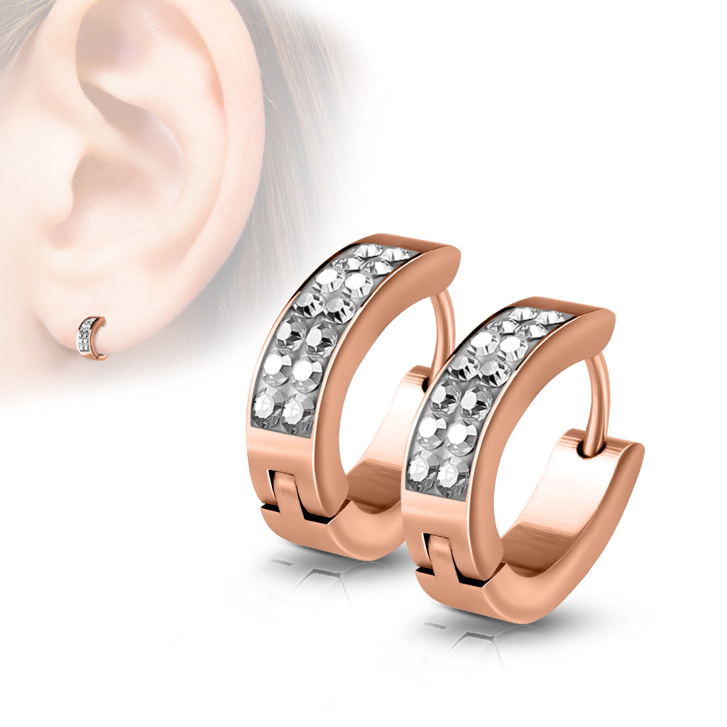 Rose Gold Huggie Earrings with Clear Crystals