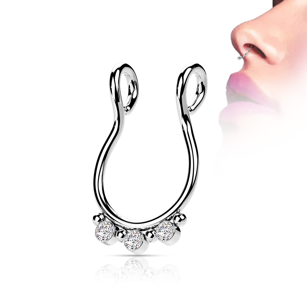 Fake Septum Ring with 3 Clear CZ Gems - Image 4
