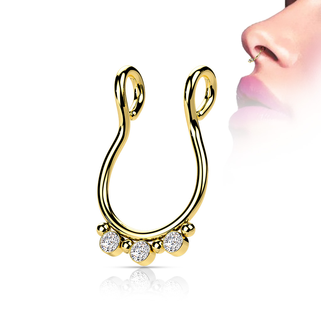 Fake Septum Ring with 3 Clear CZ Gems - Image 3