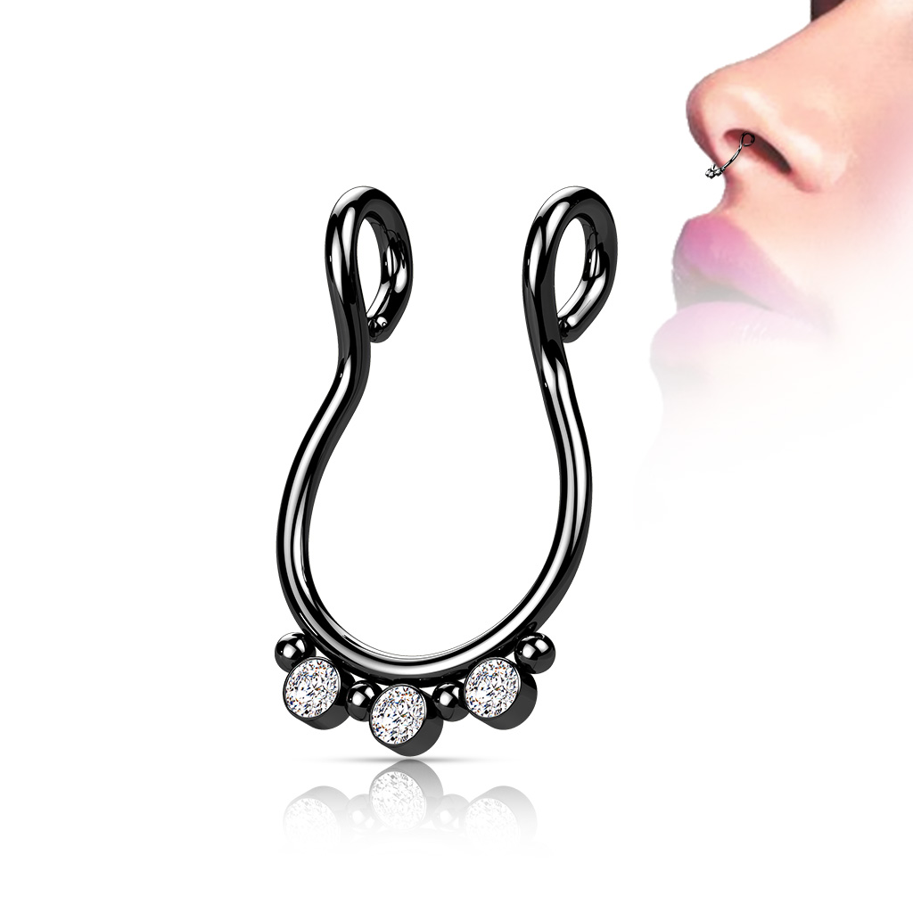 Fake Septum Ring with 3 Clear CZ Gems - Image 2