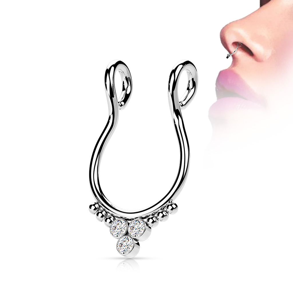 Fake Septum Ring with 3 Clear CZ Gems - Image 2