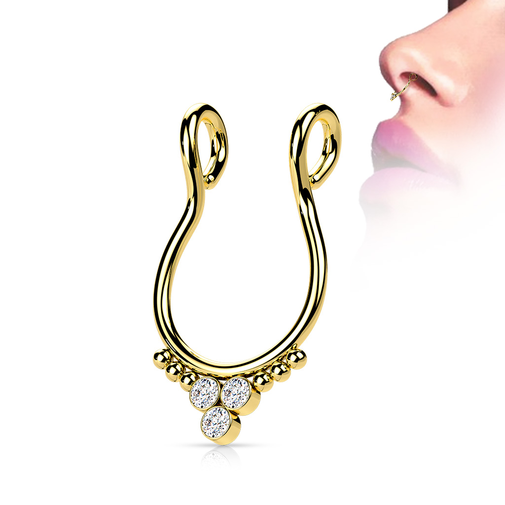 Fake Septum Ring with 3 Clear CZ Gems - Image 3