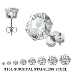 Pair of 316L Stud Earrings with Round Clear CZ gem
