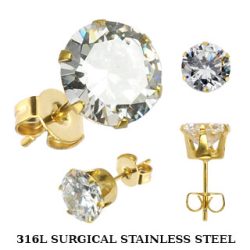 Pair of Gold IP Over 316L Stud Earrings with Round Clear CZ gem