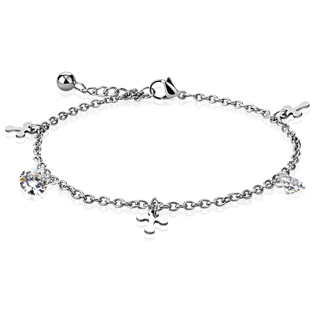 Clear CZ Ankle Bracelet with Heart Dangles