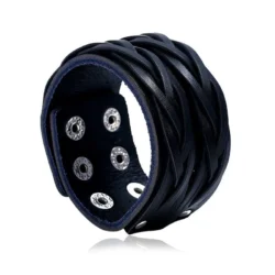 Black Leather Bracelet with Double Weave Pattern