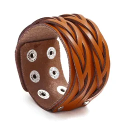 Brown Leather Bracelet with Double Weave Pattern