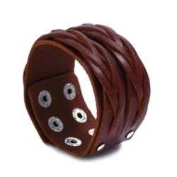Dark Brown Leather Bracelet with Double Weave Pattern