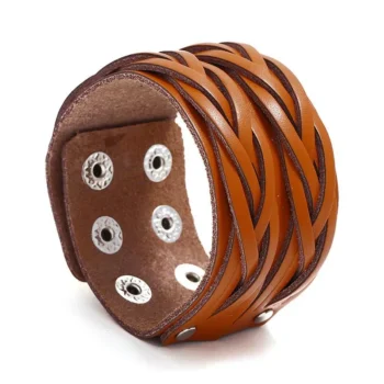 Brown Leather Bracelet with Double Weave Pattern