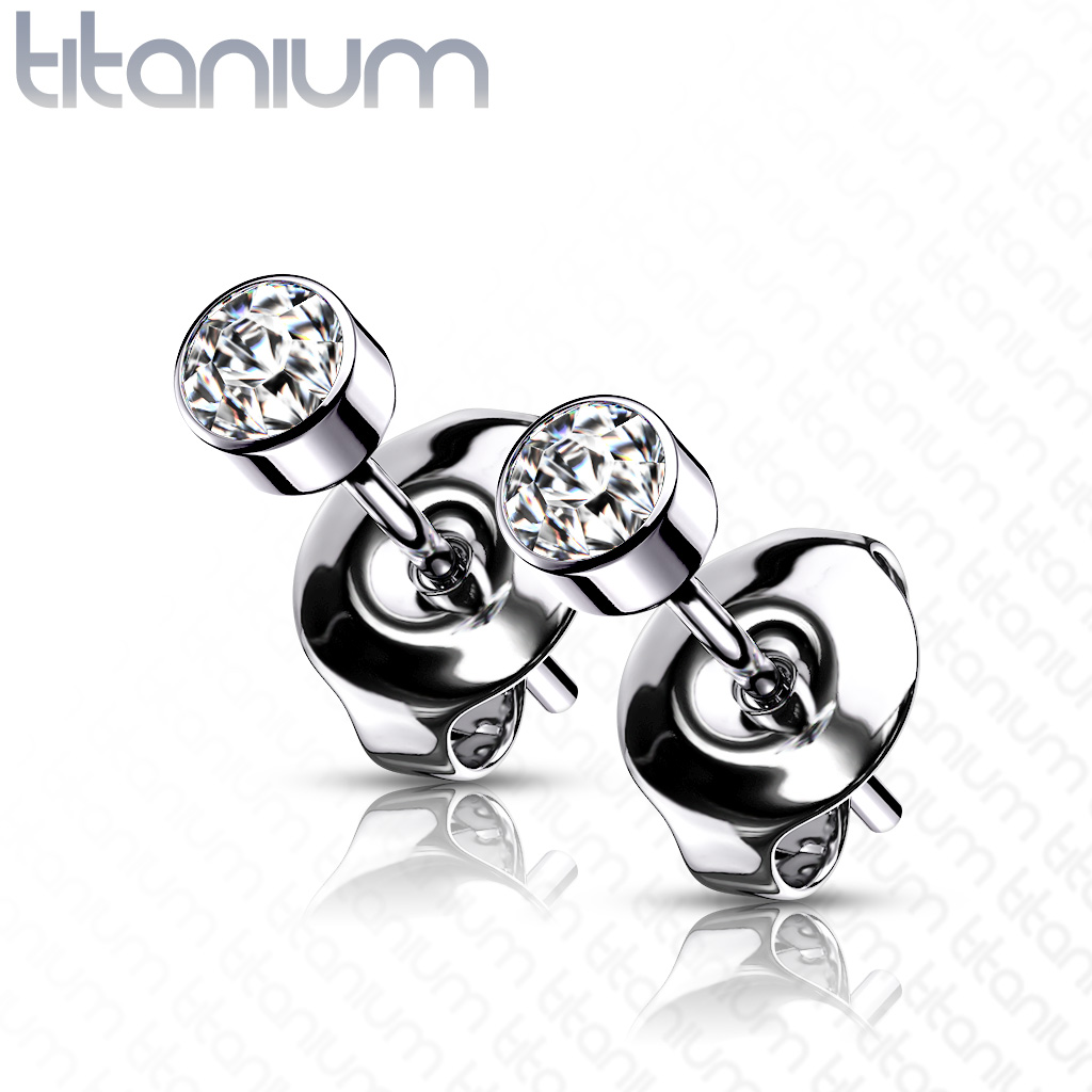 Titanium Earrings with a Bezel Set Clear CZ Gem - Image 2