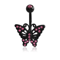 Black Lace Wings with Pink Gems Butterfly Belly Bar