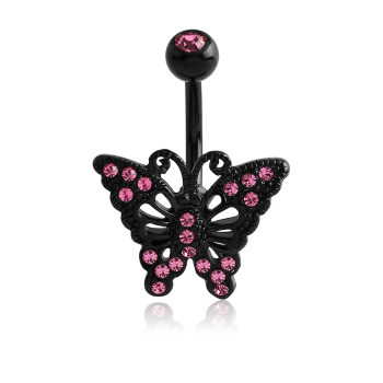 Black Lace Wings with Pink Gems Butterfly Belly Bar