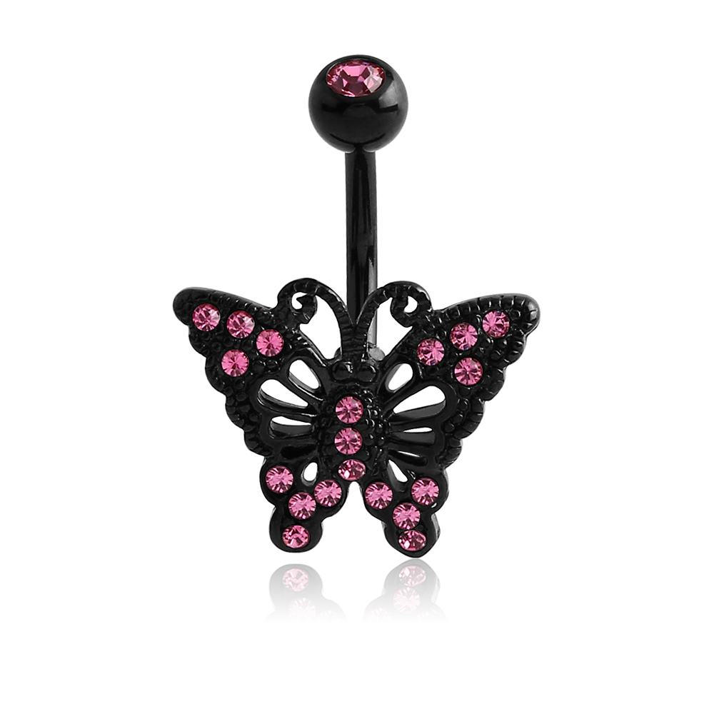 Black Lace Wings with Pink Gems Butterfly Belly Bar