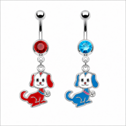 Silver belly bars with cute puppy dangles in red and blue with matching coloured crystals