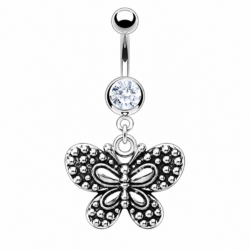 Silver belly bar with clear crystal and detailed silver butterfly dangle