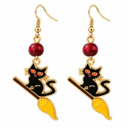Black Cat on a Broom Dangle Earrings